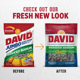 David Jumbo Reduced Sodium Sunflower Seeds four-pack on shelf, easy to grab.
