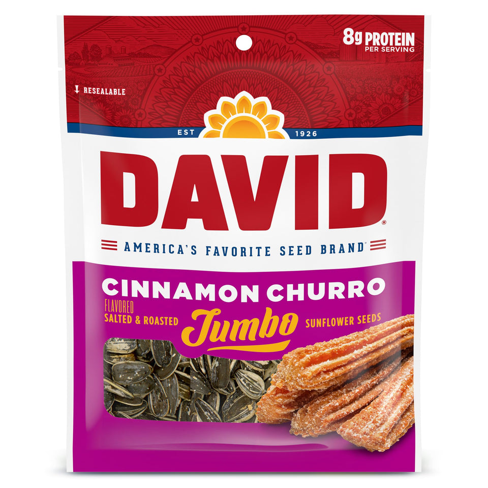 DAVID Jumbo Sunflower Seeds Cinnamon Churro bags for group snacking.