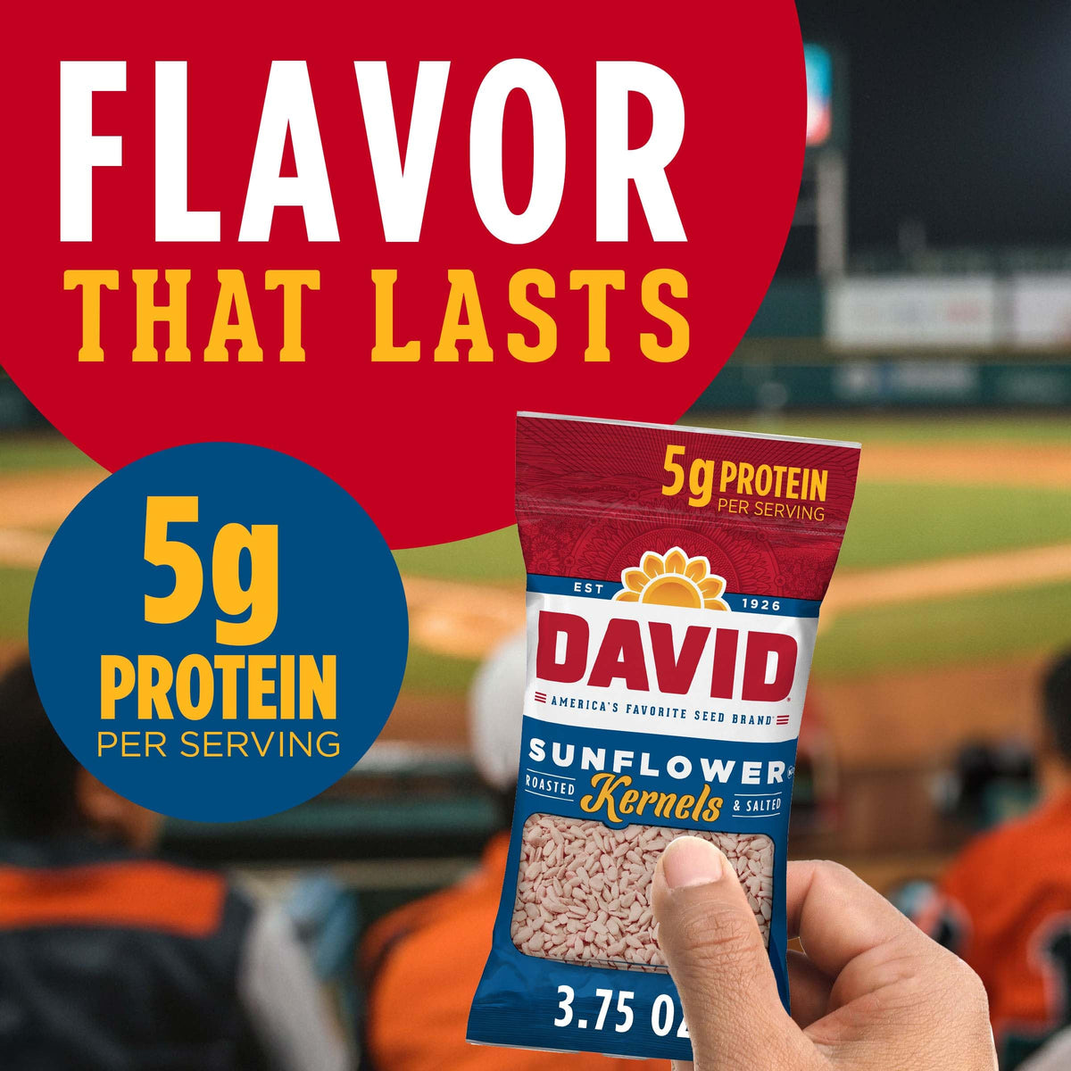 DAVID Original Sunflower Kernels bag opened for immediate snacking.