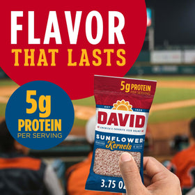 DAVID Original Sunflower Kernels bag opened for immediate snacking.
