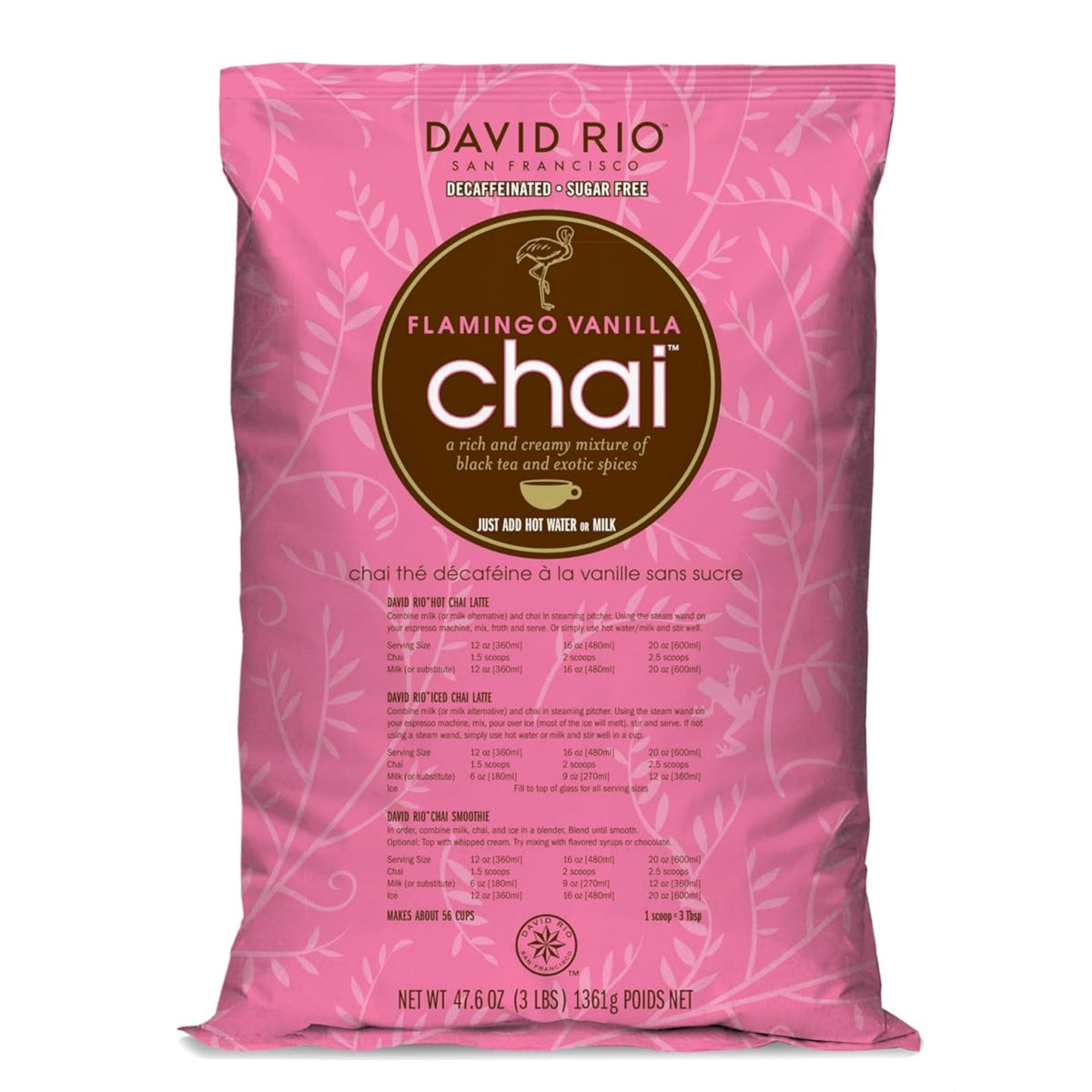 David Rio Flamingo Vanilla Chai bottle pour shows convenient, decaf, sugar-free latte mix