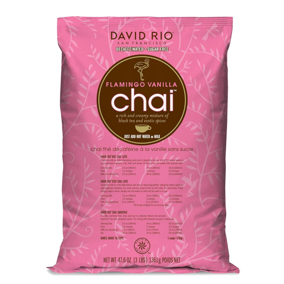 David Rio Flamingo Vanilla Chai bottle pour shows convenient, decaf, sugar-free latte mix