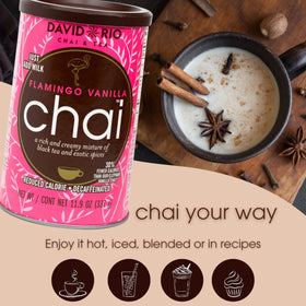 David Rio Flamingo Vanilla Chai dispensed mug shows hot or cold serving versatility