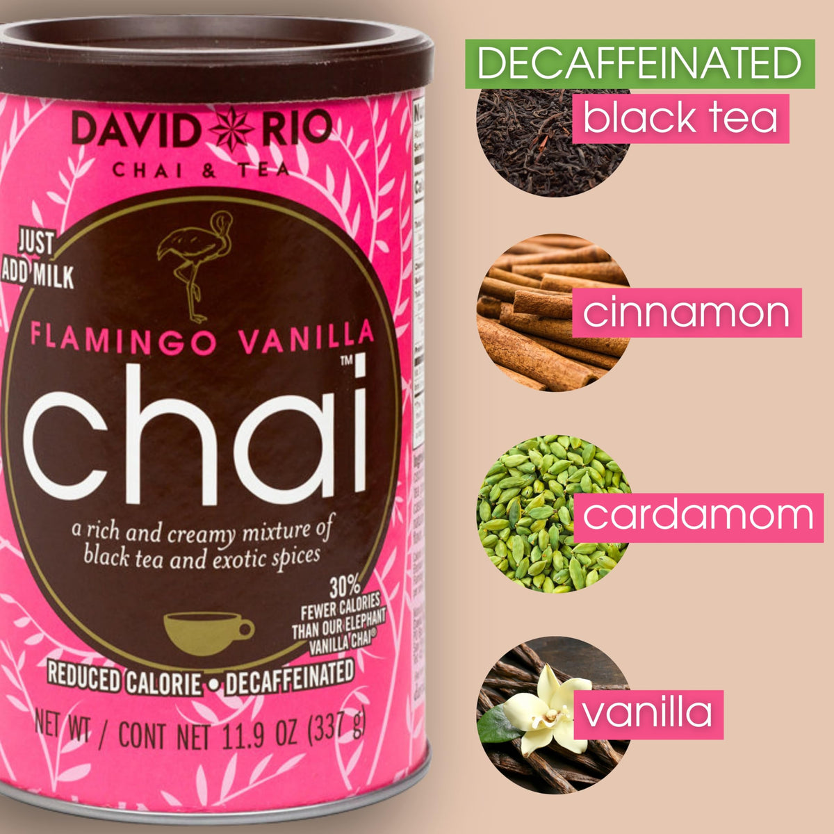 David Rio Flamingo Vanilla Chai label closeup highlights vanilla notes and comforting aroma