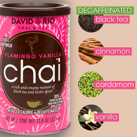 David Rio Flamingo Vanilla Chai label closeup highlights vanilla notes and comforting aroma