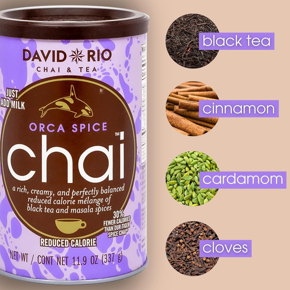 David Rio Orca Spice chai latte label with zero sugar and dairy-free claim.