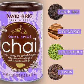 David Rio Orca Spice chai latte label with zero sugar and dairy-free claim.