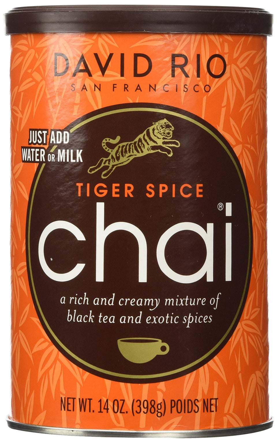 David Rio Tiger Spice Chai canister front view for easy daily brewing.