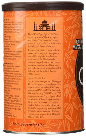 David Rio Tiger Spice Chai cup steaming, inviting a cozy tea moment.