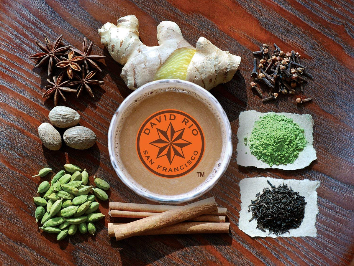 David Rio Tiger Spice Chai mug-steaming, releases creamy aroma and warm spices.