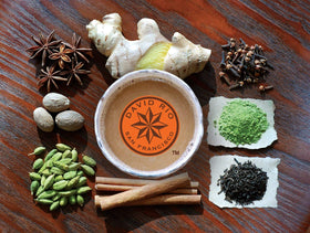 David Rio Tiger Spice Chai mug-steaming, releases creamy aroma and warm spices.