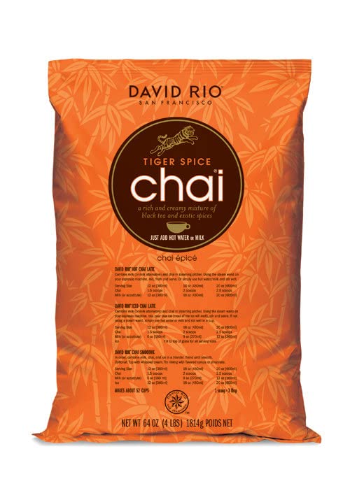 David Rio Tiger Spice Chai packaging-back, premium ingredients highlighted for rich flavor.