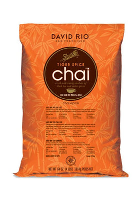 David Rio Tiger Spice Chai packaging-back, premium ingredients highlighted for rich flavor.