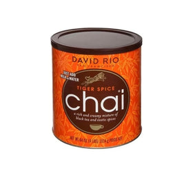 David Rio Tiger Spice Chai Latte Mix bottle showcases bold spices for cafe-style beverages.