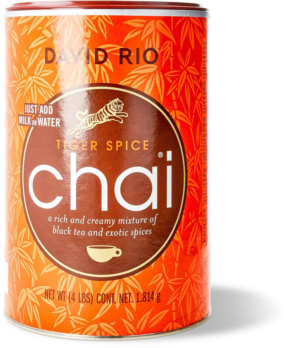 David Rio Tiger Spice Chai Latte Mix cup served hot as a dairy-free latte option.