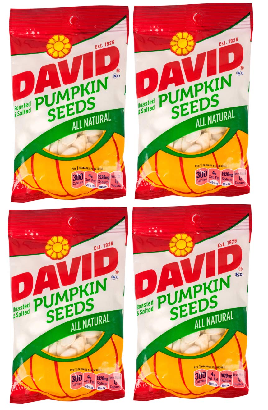 David roasted salted pumpkin seeds 4-pack bag, a crunchy, protein-rich snack for on the go.