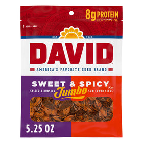 DAVID jumbo sunflower seeds in a box with bold sweet-spicy flavor