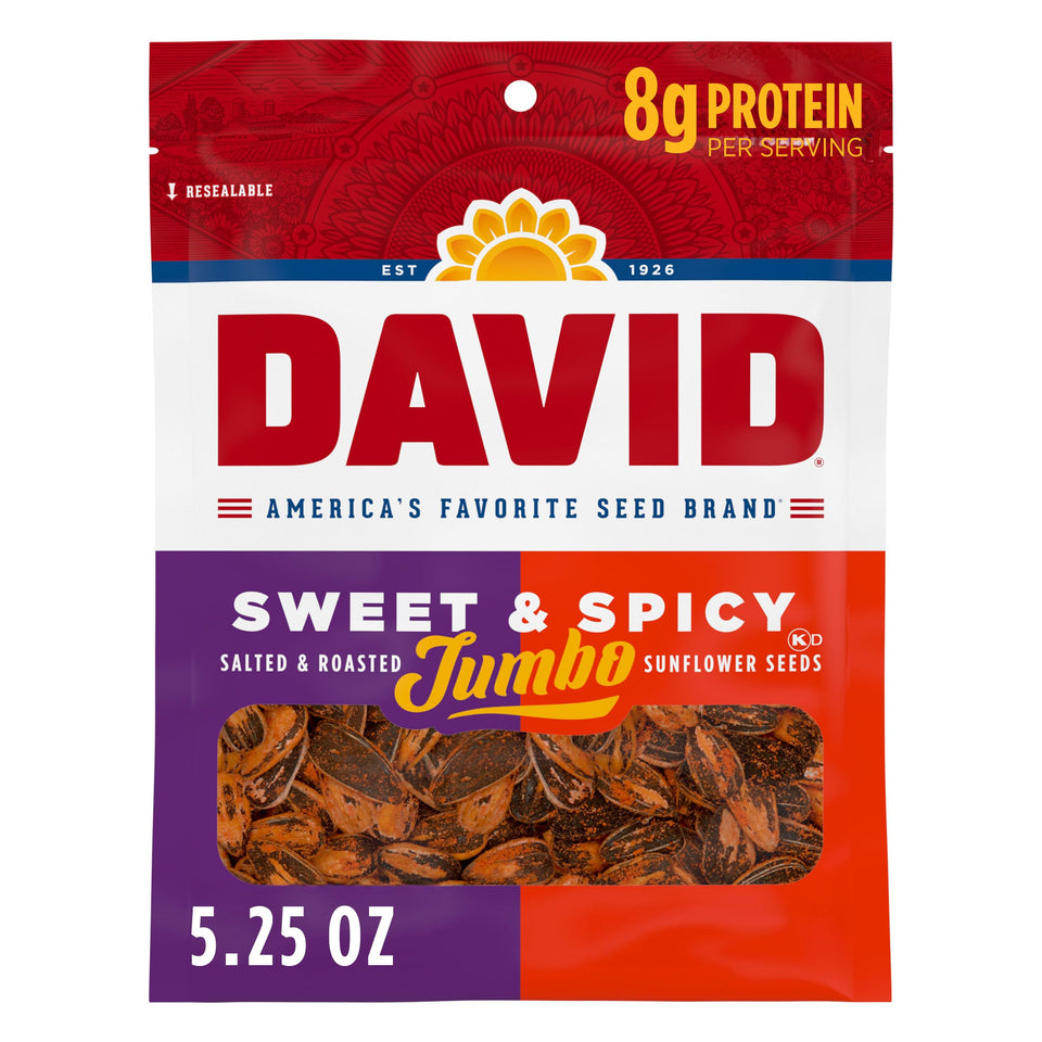 DAVID jumbo sunflower seeds in a box with bold sweet-spicy flavor