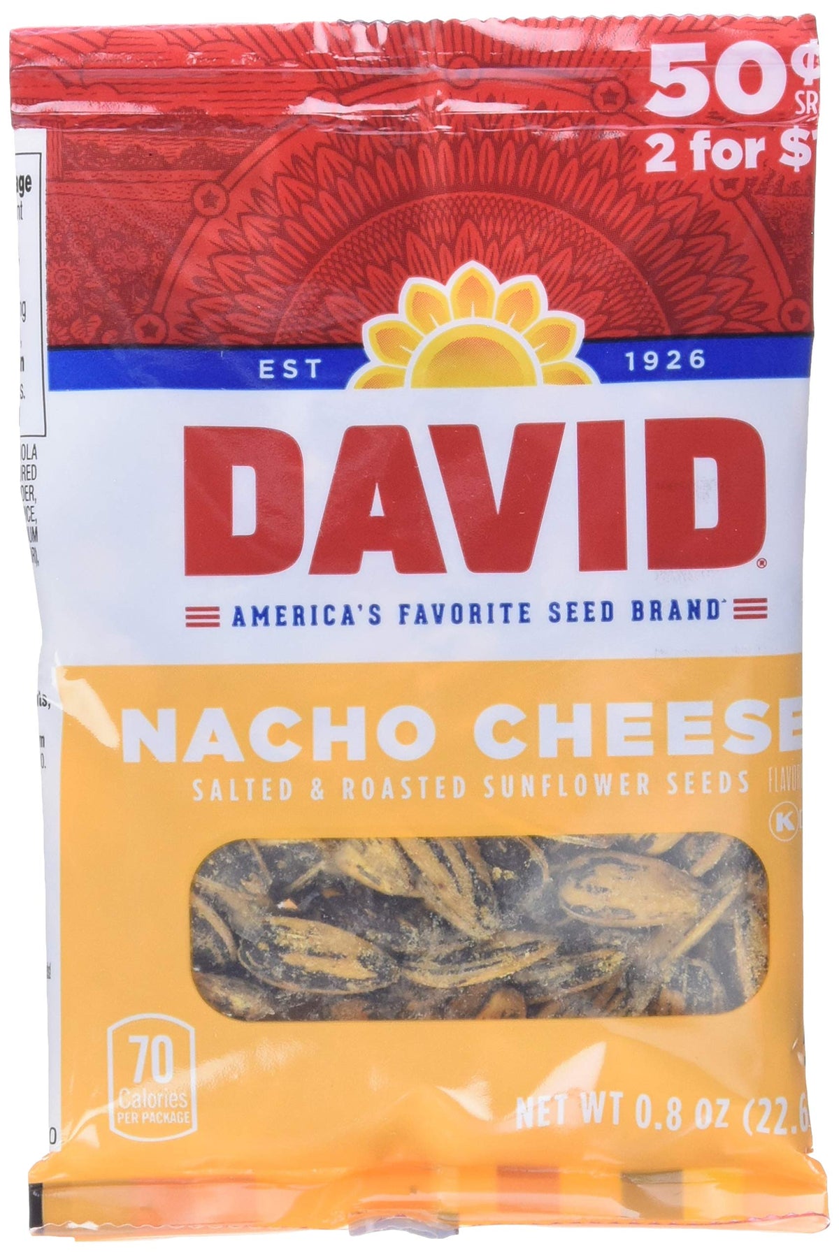 David Nacho Cheese sunflower seeds pack shot, savory on-the-go snack.