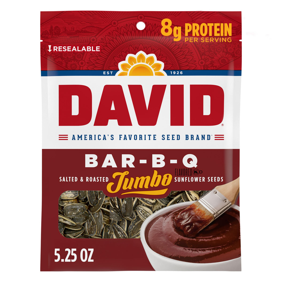 DAVID Seeds Bar-B-Q Jumbo Sunflower Seeds in a bag for on-the-go snacking.