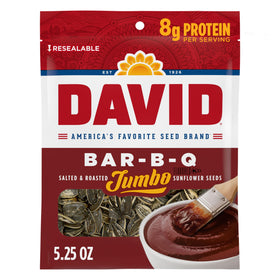DAVID Seeds Bar-B-Q Jumbo Sunflower Seeds in a bag for on-the-go snacking.
