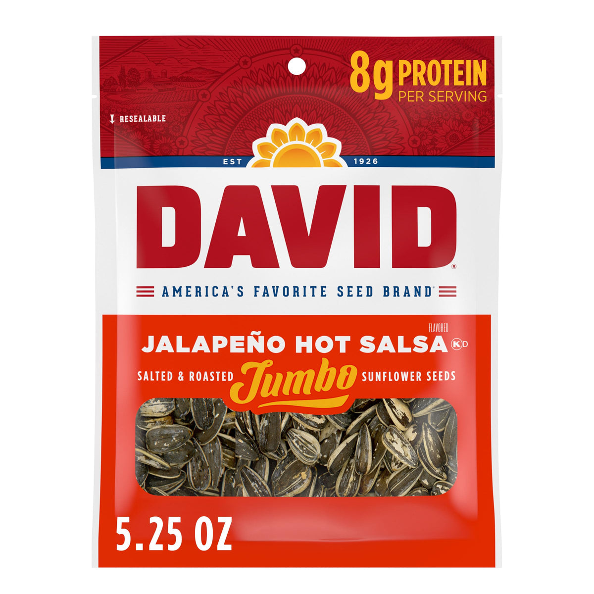 DAVID Seeds jalapeño hot salsa pack front showing flavor and portability