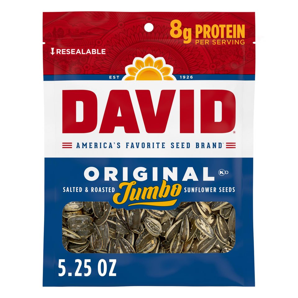 DAVID Seeds Original Jumbo Sunflower Seeds in shells for on-the-go snacking.