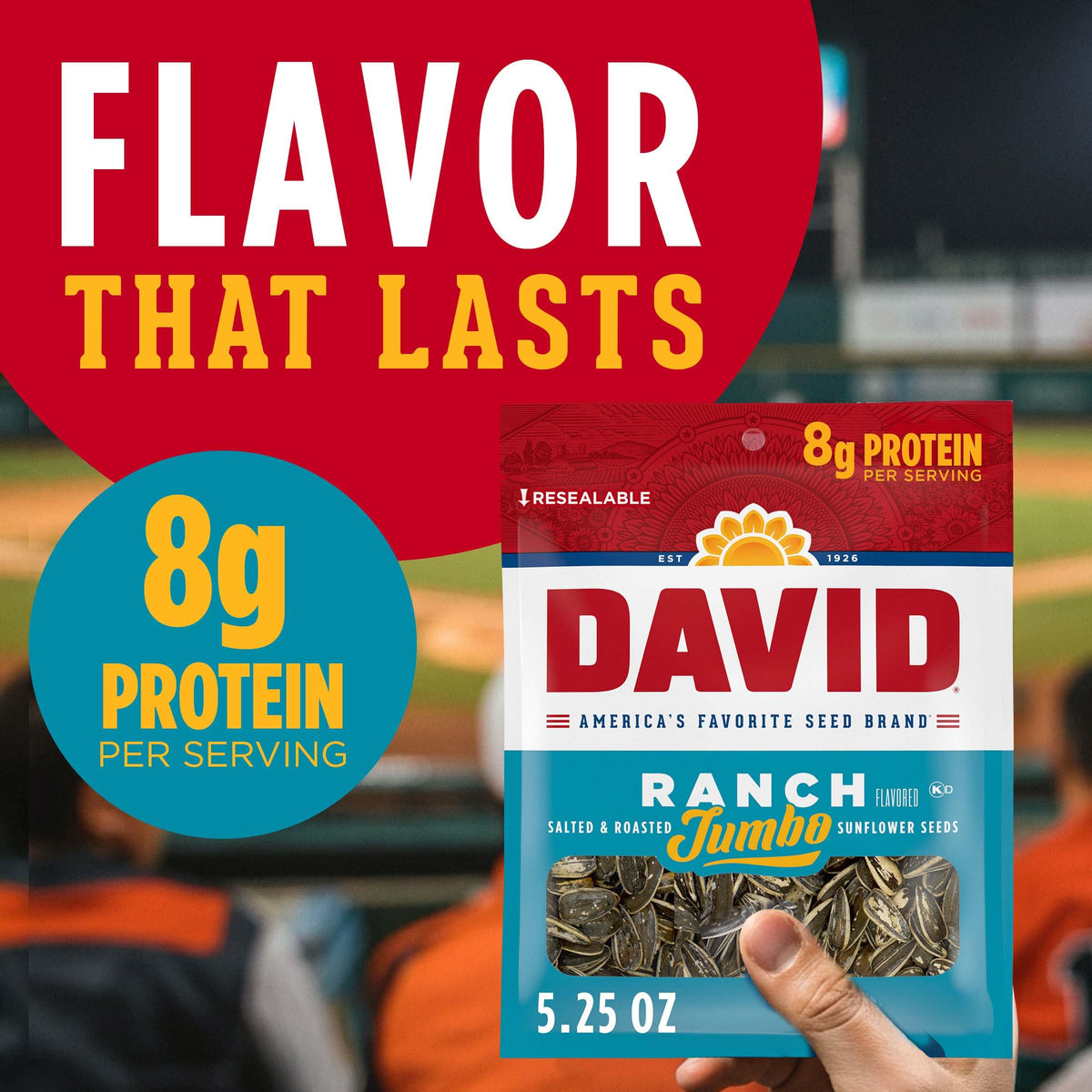 Close-up of DAVID Seeds Ranch jumbo sunflower seeds, roasted and salted for rich flavor