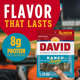 Close-up of DAVID Seeds Ranch jumbo sunflower seeds, roasted and salted for rich flavor