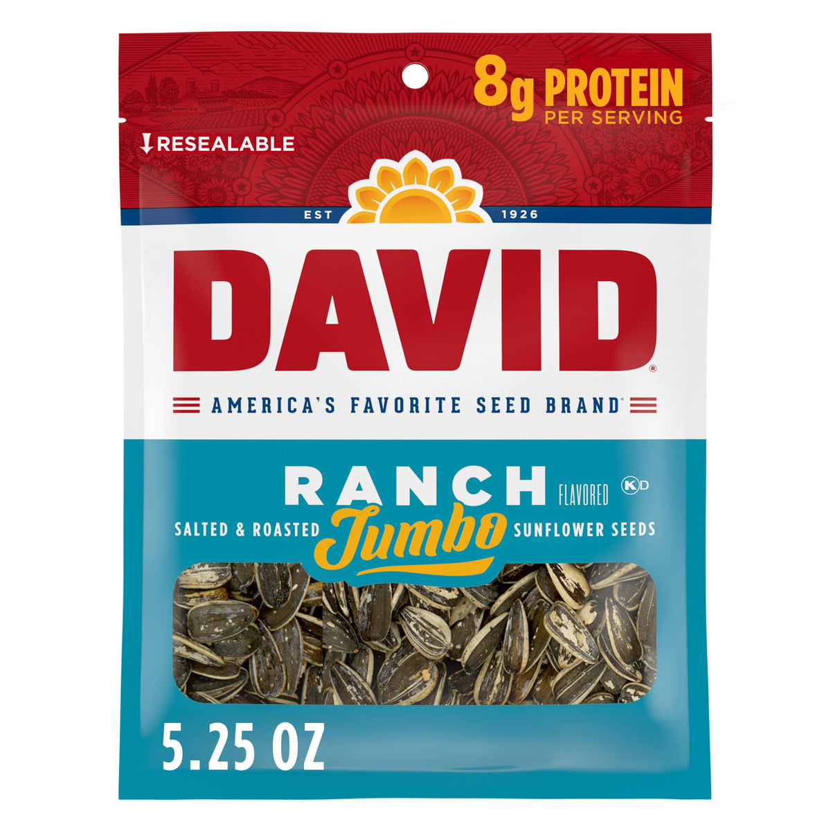 DAVID Seeds Ranch jumbo sunflower seeds packaging in a 12-pack, ideal for sharing at games