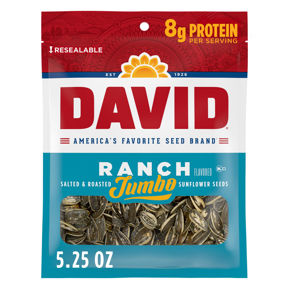 DAVID Seeds Ranch jumbo sunflower seeds packaging in a 12-pack, ideal for sharing at games