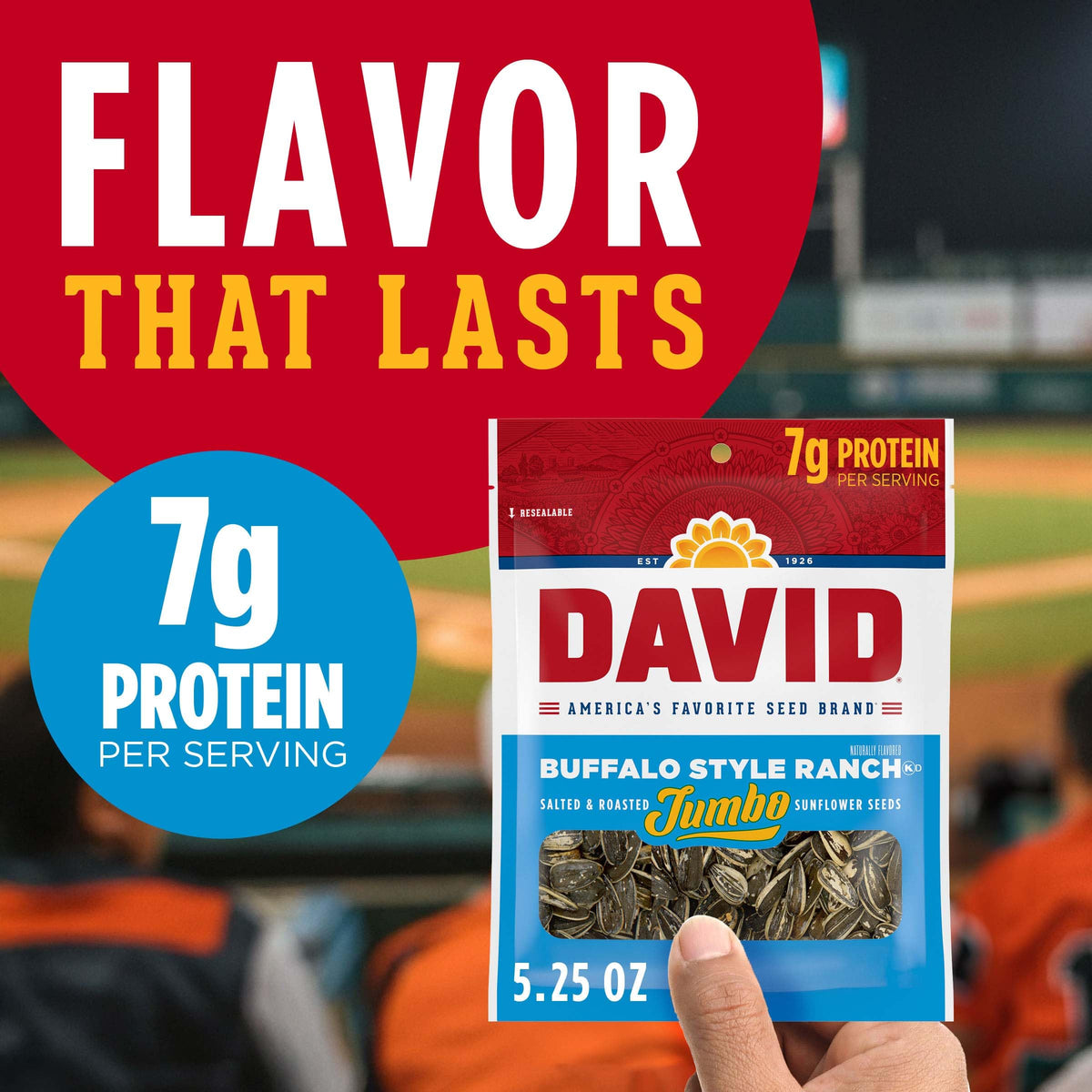 Close-up of DAVID Seeds Jumbo Sunflower Seeds with spicy queso coating for added flavor.