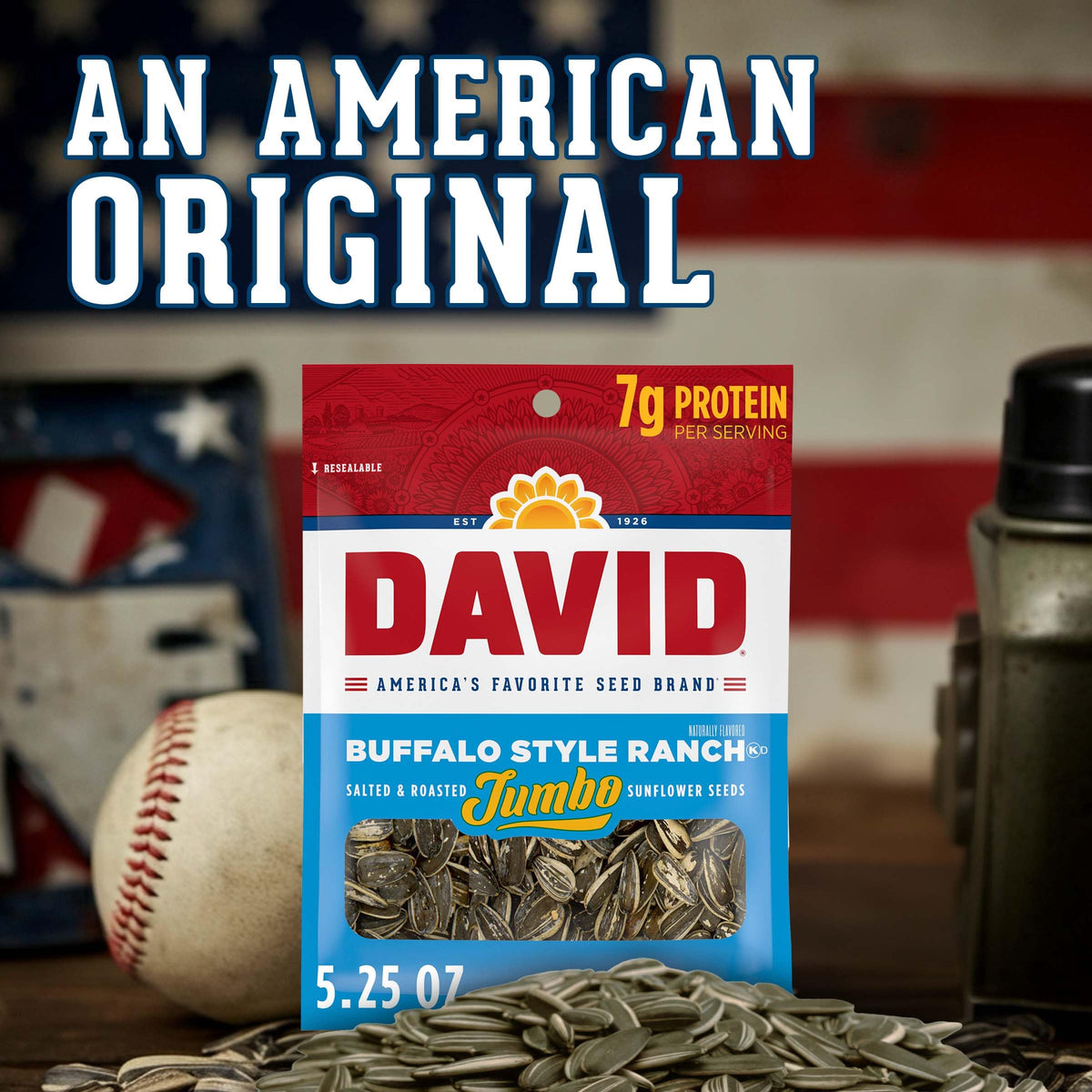Nutrition label visible on DAVID Seeds package highlighting protein and minerals.