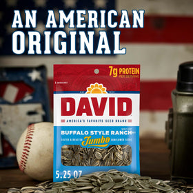 Nutrition label visible on DAVID Seeds package highlighting protein and minerals.