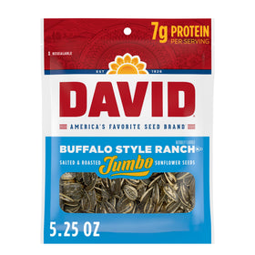DAVID Seeds Roasted and Salted Spicy Queso Jumbo Sunflower Seeds bag—crunchy snack for on-the-go energy.