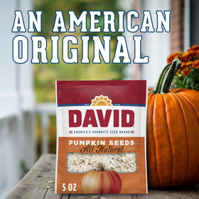 Travel-ready sealed bag of DAVID pumpkin seeds keeps freshness on trips