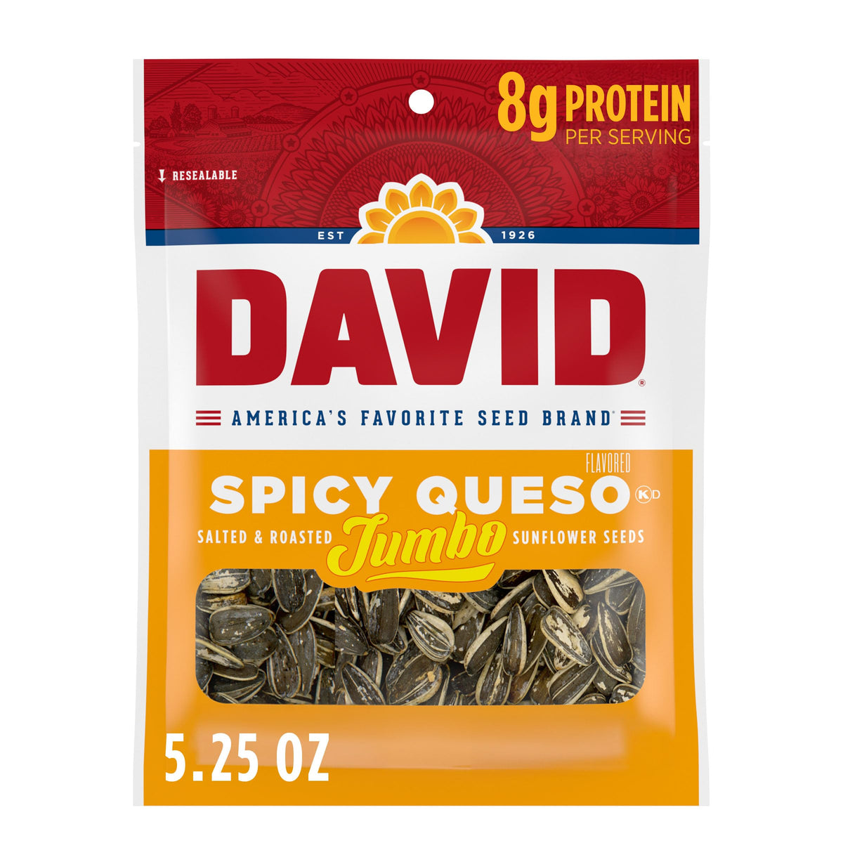 DAVID Spicy Queso sunflower seeds 12-pack display, convenient party snacks.