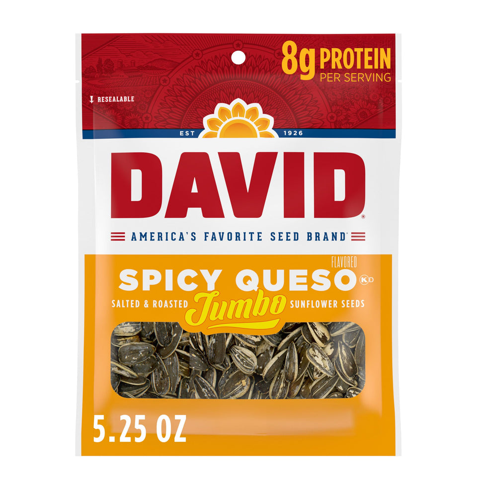 DAVID Spicy Queso sunflower seeds 12-pack display, convenient party snacks.