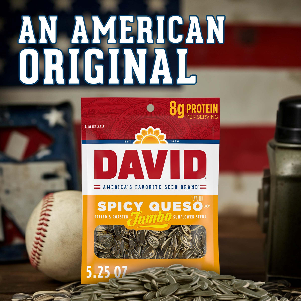 Product shot of DAVID Spicy Queso sunflower seeds for on-the-go snacking.