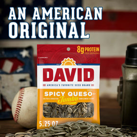 Product shot of DAVID Spicy Queso sunflower seeds for on-the-go snacking.