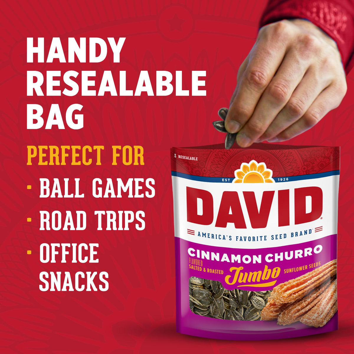 DAVID Cinnamon Churro seeds gluten-free with 8 g protein per serving.