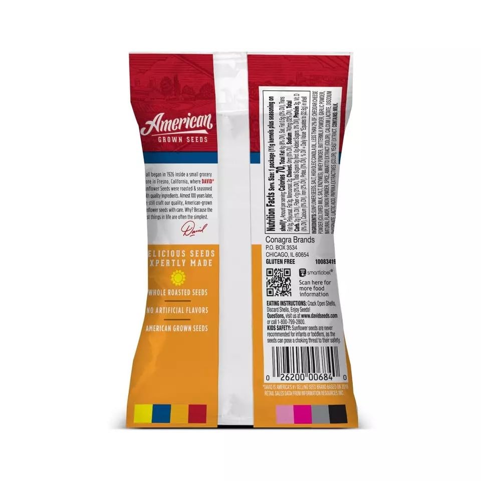David sunflower seeds nacho flavor bag close-up showing roasted seeds and crunch