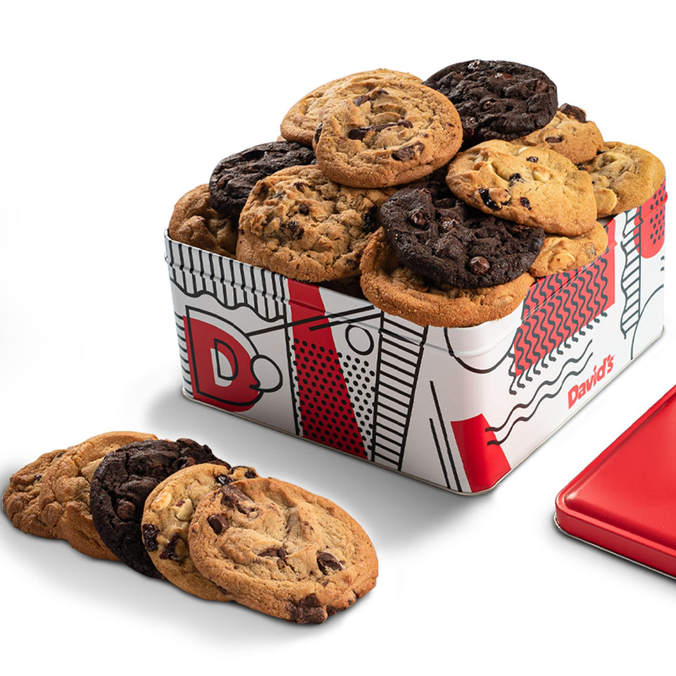 David's Cookies 2lbs assorted flavors tin shown, ideal for gifting