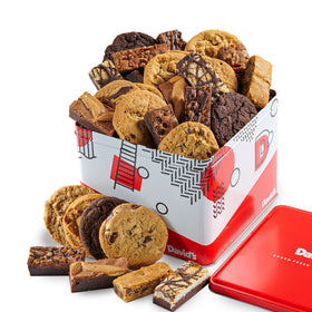 David's Cookies 5lb tin variety pack with assorted cookies and brownies for sharing.