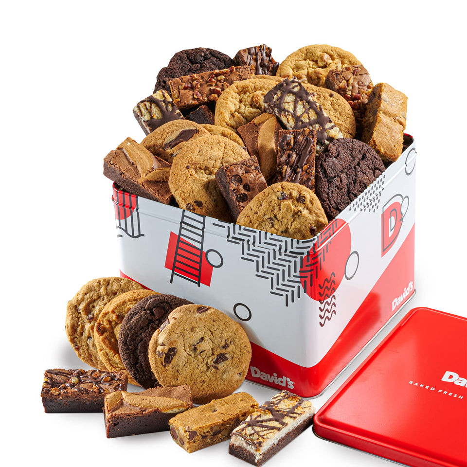 David's Cookies 5lb tin variety pack with assorted cookies and brownies for sharing.