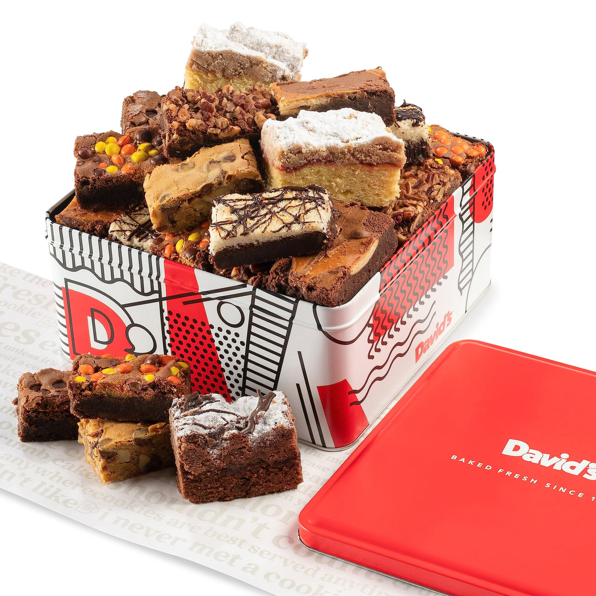 David's Cookies assorted brownies and crumb cake in a 3 lb gift tin for sharing