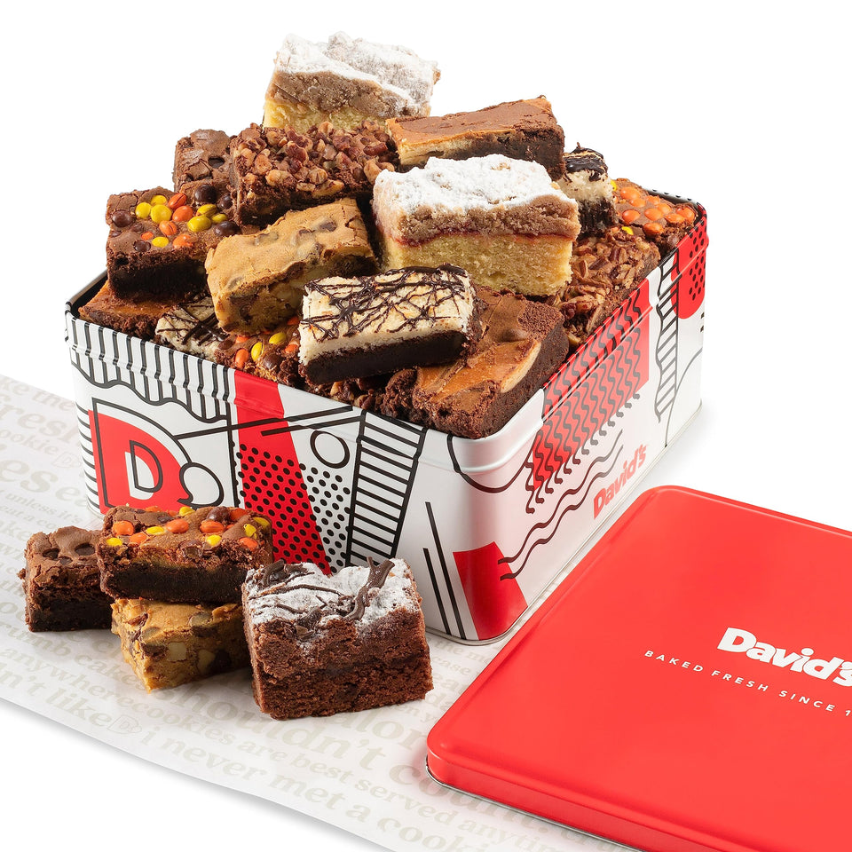 David's Cookies assorted brownies and crumb cake in a 3 lb gift tin for sharing