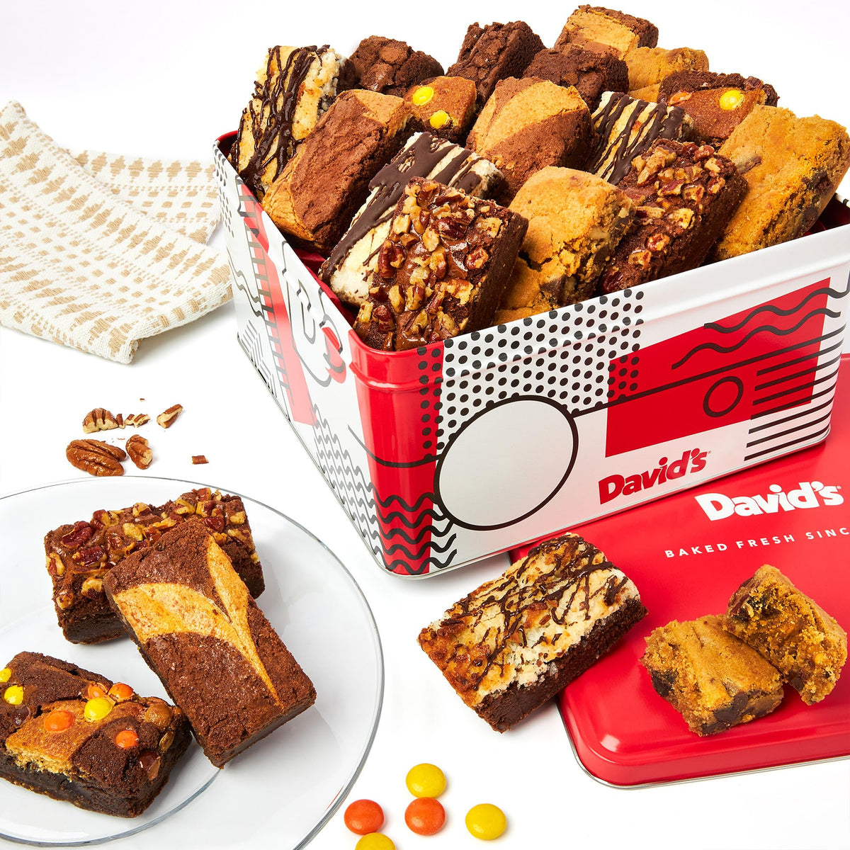 David's Cookies gift tin with 20 brownie slices, ideal for gifting.