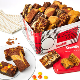David's Cookies gift tin with 20 brownie slices, ideal for gifting.