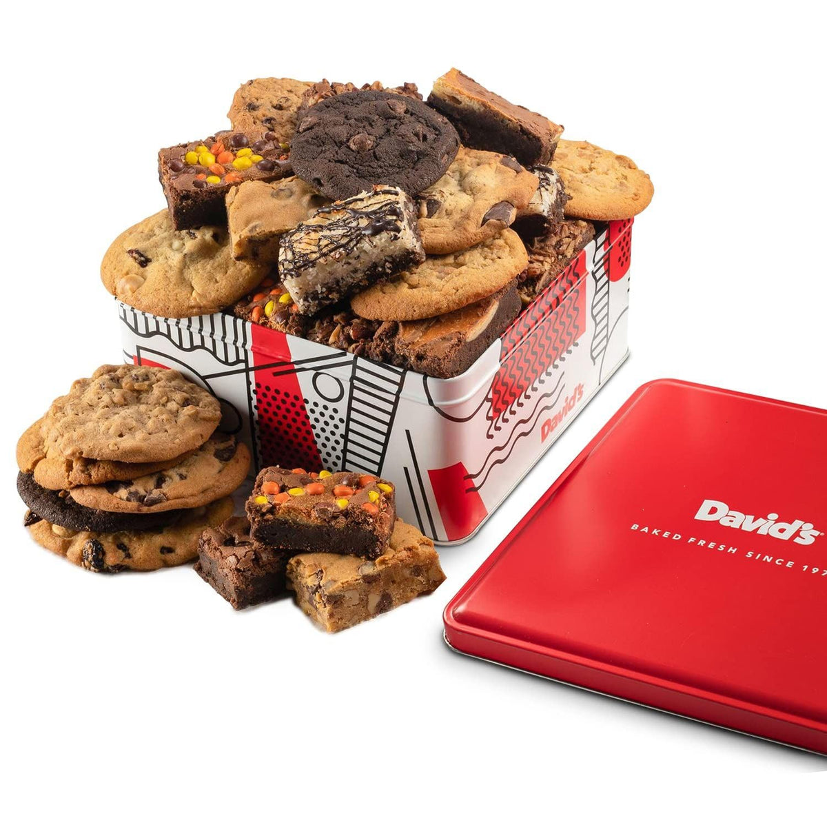 David's Cookies tin packaging with assorted cookies shows premium gift quality and freshness